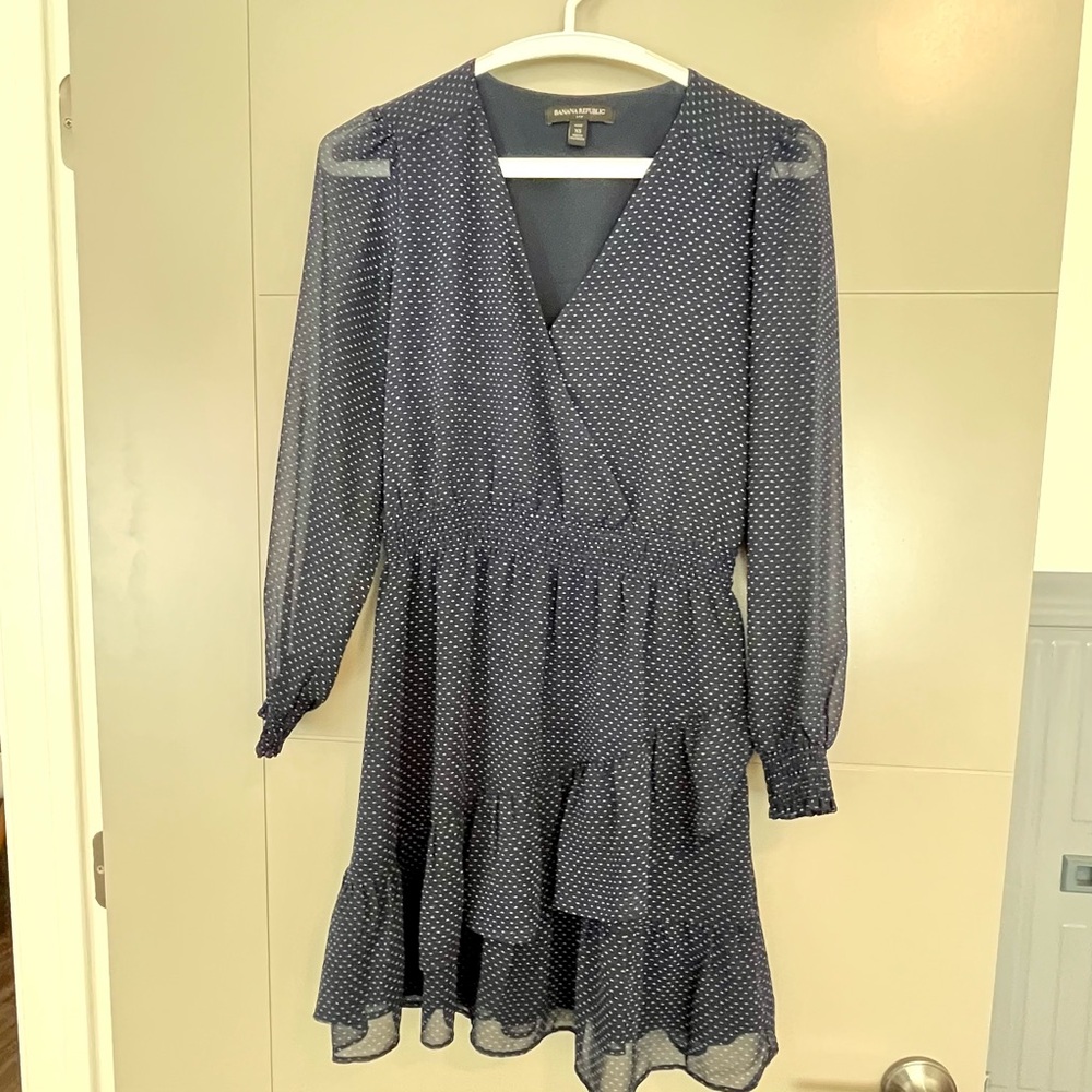 Banana Republic Navy Blue Micro Dot Smocked Ruffled Mini Dress XS Petite
